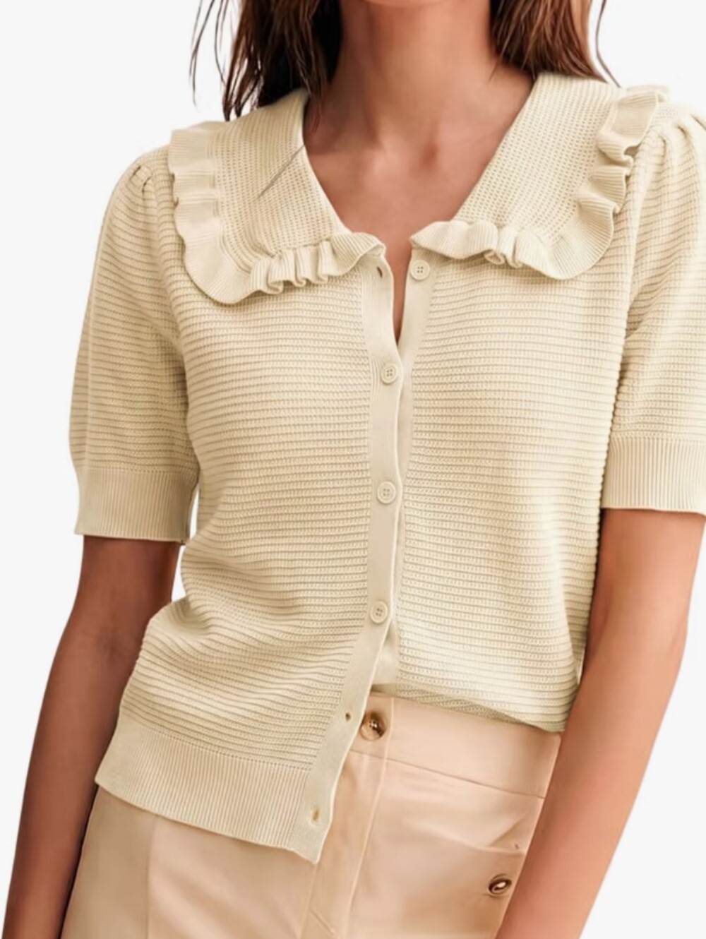 Ruffled Collar Knit Button-Front Top - Cream XS